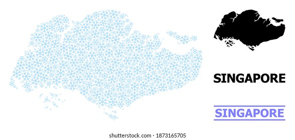 Vektorgrafik von Singapur, organisiert für Neujahr, Weihnachtsfeiern und Winter. Die Mosaikkarte von Singapur ist mit hellblauen Schneesymbolen organisiert.