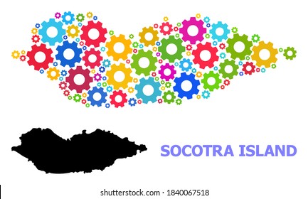 Mapa de colección de vectores de la isla Socotra creado para ingeniería. Mapa mosaico de la isla de Socotra creado con artes de colores aleatorios. Artículos de ingeniería de colores vivos.
