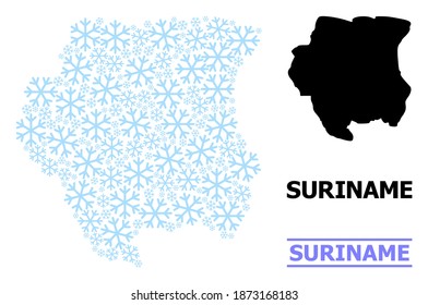 Vector collage map of Suriname organized for New Year, Christmas celebration, and winter. Mosaic map of Suriname is formed of light blue snow icons.