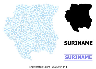Vector collage map of Suriname organized for New Year, Christmas celebration, and winter. Mosaic map of Suriname is formed of light blue snow icons.