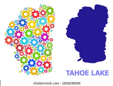 Vector collage map of Tahoe Lake done for engineering. Mosaic map of Tahoe Lake is shaped of random bright gear wheels. Engineering components in bright colors. svg