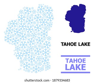 Vector Collage Map Of Tahoe Lake Created For New Year, Christmas Celebration, And Winter. Mosaic Map Of Tahoe Lake Is Created With Light Blue Snow Elements.