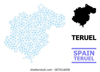 Vektorgrafik der Provinz Teruel erstellt für Neujahr, Weihnachtsfeiern und Winter. Die Mosaikkarte der Provinz Teruel besteht aus hellblauen Schneegegenständen.