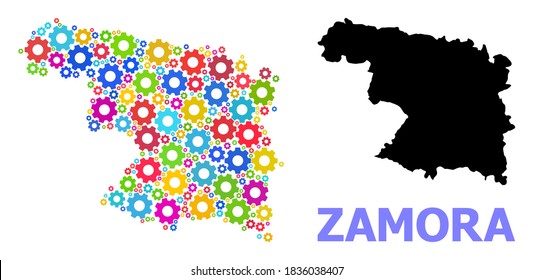 Vector collage map of Zamora Province constructed for services. Mosaic map of Zamora Province is designed from random bright wheels. Engineering items in bright colors.