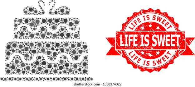 Vector collage marriage cake of virus, and Life Is Sweet grunge ribbon seal imitation. Virus particles inside marriage cake collage. Red seal contains Life Is Sweet title inside ribbon.