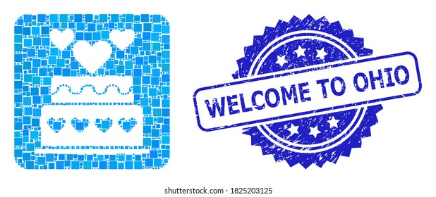 Vector collage marriage cake, and Welcome to Ohio grunge rosette stamp seal. Blue stamp seal contains Welcome to Ohio text inside rosette.