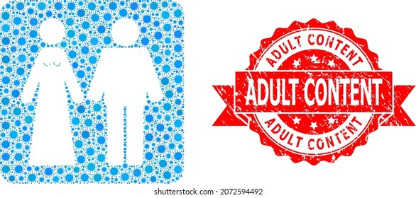 Collage de vectores casó al novio y soborno del virus SARS, y sello de goma de Contenido para Adultos. Elementos de virus dentro del novio casado y el collage de sobornos.