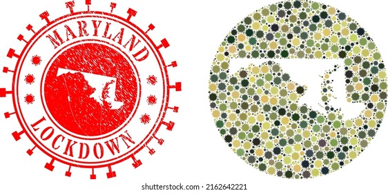 Vector collage Maryland State map of SARS virus icons and grunge LOCKDOWN seal stamp. Mosaic geographic Maryland State map designed as stencil from circle with sars virus items in camo army colors.