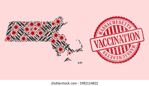 Vector collage Massachusetts State map of covid-2019 virus, vaccine icons, and red grunge vaccine seal stamp. Virus cells and injection needles inside Massachusetts State map.