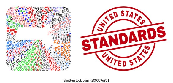 Vector collage Massachusetts State map of different pictograms and United States Standards stamp. Collage Massachusetts State map constructed as subtraction from rounded square.