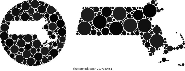 Vector collage Massachusetts State map of circle parts. Mosaic geographic Massachusetts State map designed as carved shape from circle with circle parts in black color hues.