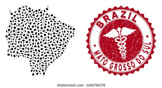 Vector collage Mato Grosso do Sul State map and red round distressed stamp watermark with medic sign. Mato Grosso do Sul State map collage created with ellipse items. Red round serpents watermark,