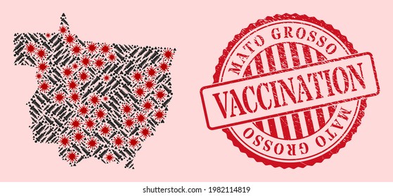 Vector collage Mato Grosso State map of flu virus, vaccination icons, and red grunge vaccination seal stamp. Virus items and syringe items inside Mato Grosso State map.