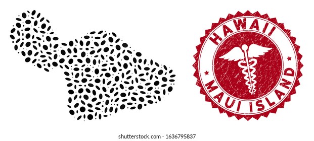 Vector collage Maui Island map and red rounded grunge stamp watermark with health care symbol. Maui Island map collage composed with ellipse elements. Red rounded caduceus seal, with grunge texture.
