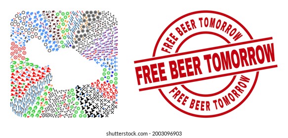 Vector collage Maui Island map of different symbols and Free Beer Tomorrow seal stamp. Collage Maui Island map designed as hole from rounded square shape. Red round stamp with Free Beer Tomorrow tag.