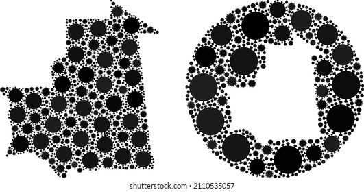 Vector collage Mauritania map of coronavirus icons. Mosaic geographic Mauritania map designed as carved shape from circle with coronavirus icons in black color hues.