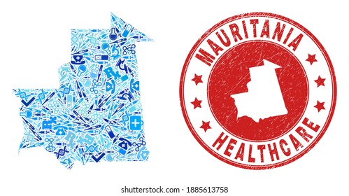 Vector collage Mauritania map with treatment icons, chemical symbols, and grunge healthcare seal stamp. Red round seal with grunge rubber texture and Mauritania map word and map.