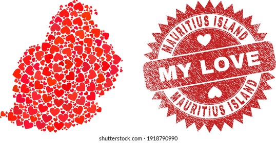 Vector collage Mauritius Island map of love heart items and grunge My Love seal. Mosaic geographic Mauritius Island map designed using love hearts.