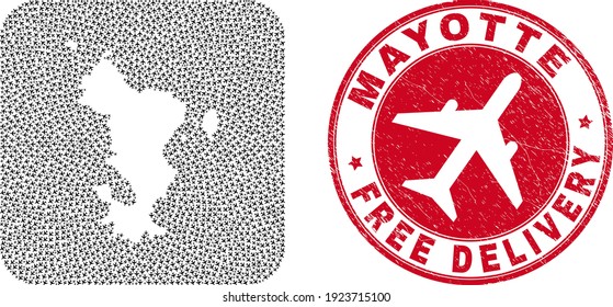 Vector collage Mayotte Islands map of airliner elements and grunge Free Delivery seal. Collage geographic Mayotte Islands map designed as hole from rounded square shape with aircrafts flying away.