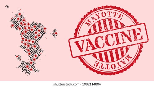 Vector collage Mayotte Islands map of corona virus, injection icons, and red grunge vaccine seal. Virus items and vaccination items inside Mayotte Islands map.