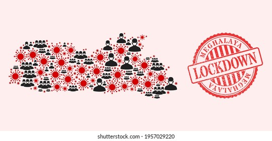 Mapa del estado de Meghalaya del colaje vectorial del virus de la corona, personas enmascaradas y sello de sellado del bloqueo de grunge rojo. Células de virus y personas enmascaradas dentro del mapa estatal de Meghalaya.