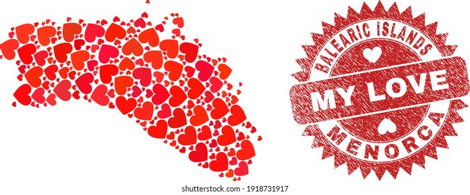 Vector collage Menorca Island map of love heart items and grunge My Love seal stamp. Collage geographic Menorca Island map created using valentine hearts.