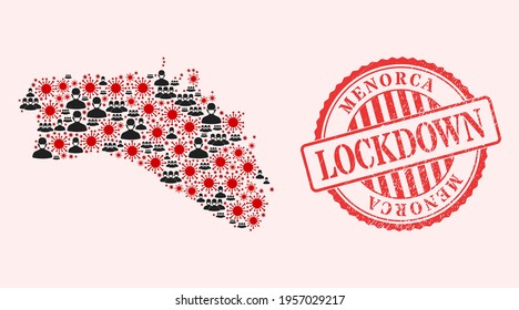Mapa de la isla de Menorca de colección de vectores del virus covid-2019, personas enmascaradas y sello de bloqueo de grunge rojo. Elementos de virus y hombres enmascarados dentro del mapa de la isla de Menorca.