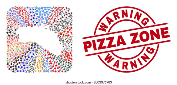 Vector collage Menorca Island map of different symbols and Warning Pizza Zone badge. Collage Menorca Island map created as carved shape from rounded square shape.