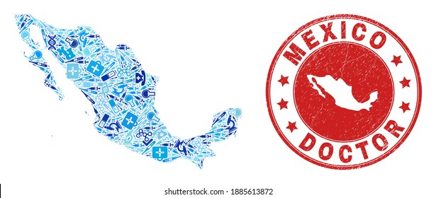 Vector collage Mexico map with inoculation icons, chemical symbols, and grunge health care imprint. Red round imprint with scratched rubber texture and Mexico map text and map.