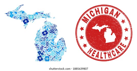 Vector collage Michigan State map with injection icons, hospital symbols, and grunge health care imprint. Red round seal with grunge rubber texture and Michigan State map tag and map.