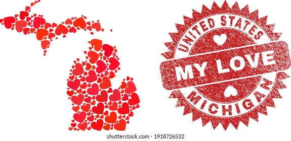 Vector collage Michigan State map of love heart elements and grunge My Love seal stamp. Collage geographic Michigan State map created with valentine hearts.