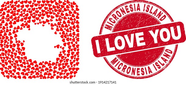 Collage vectorial Micronesia mapa de ítems valentinos del corazón y sello de amor grunge. Mapa de la isla de Micronesia geográfico de color diseñado como un lápiz de forma cuadrada redondeada usando corazones de amor.