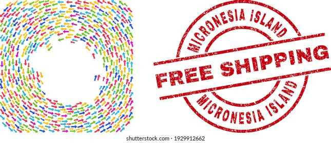 Vektor sammelt Mikronesien Inselkarte von Wanderpfeilen und Gummi Free Shipping Robbe. Collage geographische Mikronesien Inselkarte entworfen mit farbigen, sich bewegenden Pfeilen nahe abgerundeten quadratischen Subtraktion.