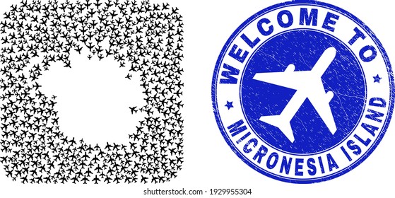 Vector collage Micronesia island map of air plane elements and grunge Welcome seal. Collage geographic Micronesia island map constructed as stencil from rounded square shape with air shippings.