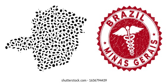 Vector collage Minas Gerais State map and red rounded grunge stamp watermark with caduceus symbol. Minas Gerais State map collage constructed with oval items. Red rounded medical seal stamp,