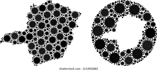 Vector collage Minas Gerais State map of flu virus items. Mosaic geographic Minas Gerais State map designed as carved shape from circle with virus items in black colors. Template for medical purposes.