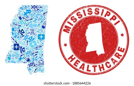 Vector collage Mississippi State map of dose icons, receipt symbols, and grunge health care rubber imitation. Red round stamp with grunge rubber texture and Mississippi State map text and map.