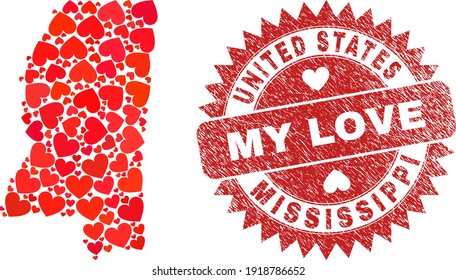 Vector collage Mississippi State map of lovely heart items and grunge My Love badge. Collage geographic Mississippi State map designed with lovely hearts.