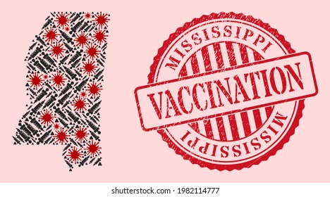 Vector collage Mississippi State map of corona virus, inoculation icons, and red grunge vaccination seal. Virus particles and dose particles inside Mississippi State map.