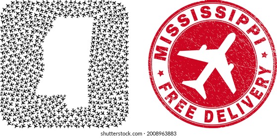 Vector collage Mississippi State map of air force elements and grunge Free Delivery seal stamp.
