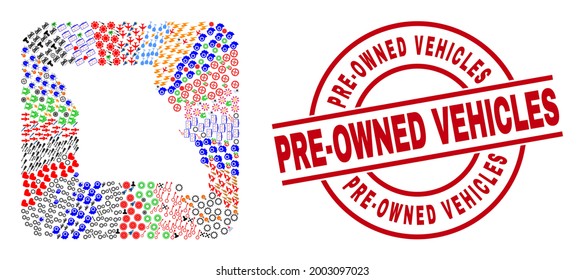 Vector collage Missouri State map of different symbols and Pre-Owned Vehicles badge. Collage Missouri State map designed as subtraction from rounded square shape.