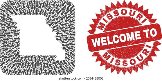 Vector collage Missouri State map of migration arrows and grunge Welcome seal. Collage geographic Missouri State map created as carved shape from rounded square shape with pointing arrows.