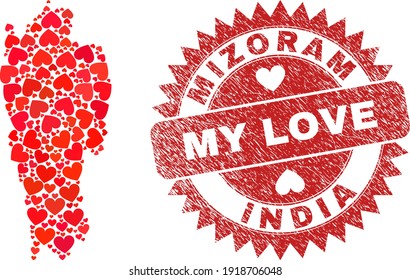 Vector collage Mizoram State map of valentine heart items and grunge My Love stamp. Collage geographic Mizoram State map designed with love hearts.