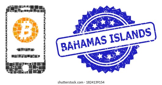 Cuenta de bitcoin móvil de colección de vectores y sello de rosette de goma de las Islas Bahamas. El sello azul incluye el texto de las islas Bahamas dentro de la roseta.