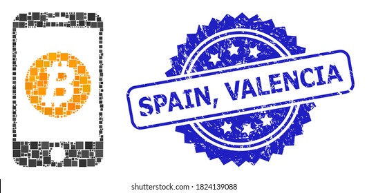 Vector collage mobile bitcoin bank, and Spain, Valencia grunge rosette stamp. Blue stamp contains Spain, Valencia title inside rosette.