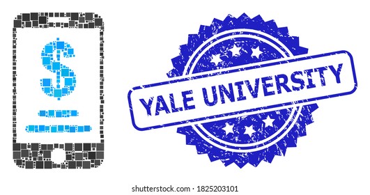 Vector collage mobile dollar account, and Yale University unclean rosette seal imitation. Blue seal has Yale University text inside rosette.