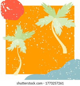 Cartel moderno de colección vectorial con ilustraciones de la playa de arena de verano. Estilo escandinavo. Para afiches, papel textil, papel envolvente, plantilla de tarjeta de saludo, publicación en redes sociales