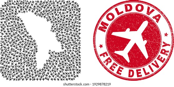 Vector collage Moldova map of air plane elements and grunge Free Delivery stamp. Collage geographic Moldova map created as stencil from rounded square shape with shipping aviation items.