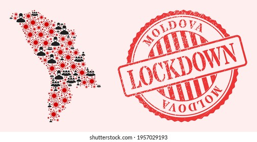 Vector collage Moldova map of corona virus, masked men and red grunge lockdown seal stamp. Virus cells and men in masks inside Moldova map. Red stamp with grunge rubber texture and LOCKDOWN caption.