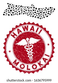 Vector collage Molokai Island map and red round grunge stamp watermark with caduceus icon. Molokai Island map collage constructed with elliptic elements. Red round caduceus stamp, with grunge texture.